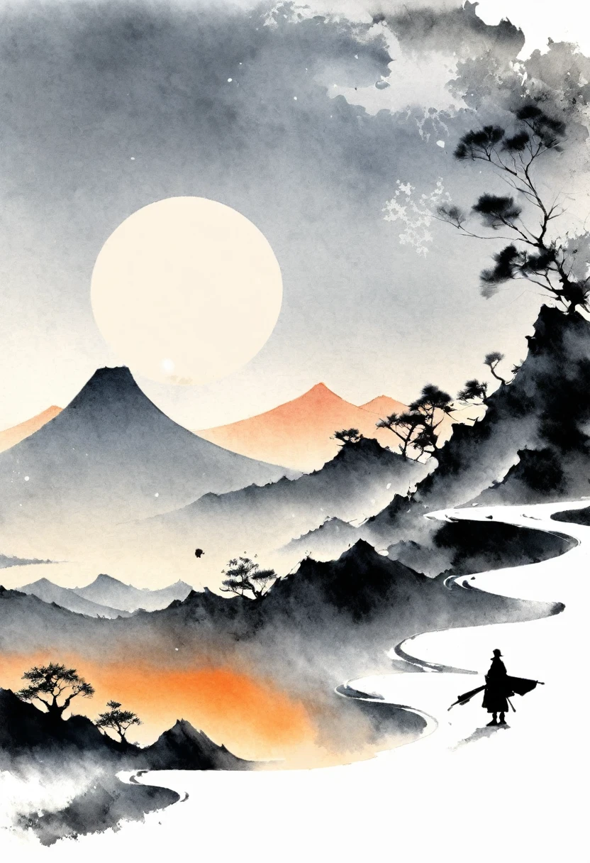 (Lots of white space:1.5),(Lots of white space around:1.6), White background, simple, Minimalism, abstract,Freehand,Aesthetic,black and white,Ink Painting,antiquity,sunrise,a mountain,A person far away