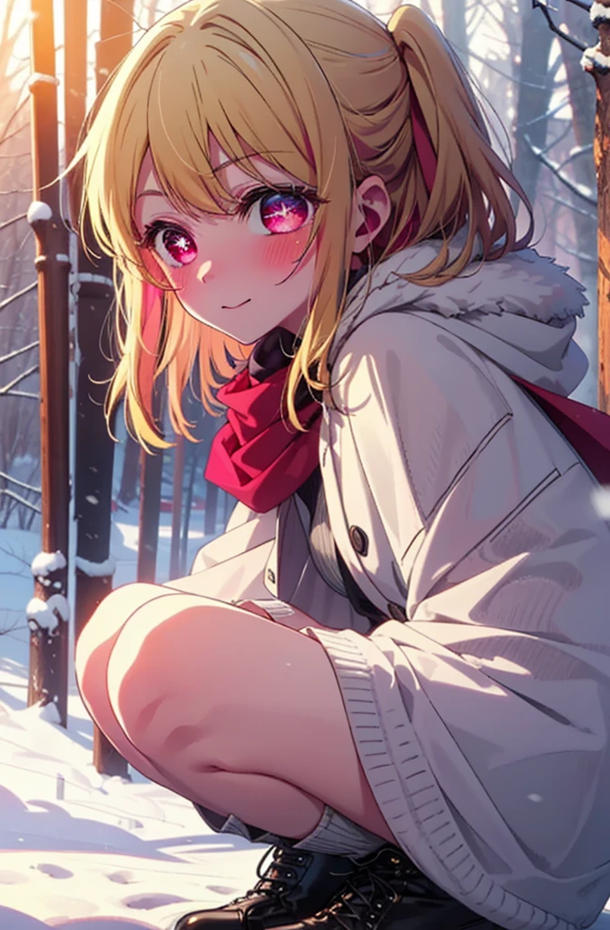 rubyhoshino, Hoshino Ruby, Long Hair, bangs, Blonde, (Pink Eyes:1.3), Side Lock, (Symbol-shaped pupil:1.5), Multicolored Hair, Two-tone hair, smile,,smile,blush,White Breath,
Open your mouth,snow,Ground bonfire, Outdoor, boots, snowing, From the side, wood, suitcase, Cape, Blurred, , forest, White handbag, nature, Squat, Mouth closed, Cape, winter, Written boundary depth, Black shoes, red Cape break looking at viewer, Upper Body, whole body, break Outdoor, forest, nature, break (masterpiece:1.2), Highest quality, High resolution, unity 8k wallpaper, (shape:0.8), (Beautiful and beautiful eyes:1.6), Highly detailed face, Perfect lighting, Highly detailed CG, (Perfect hands, Perfect Anatomy),