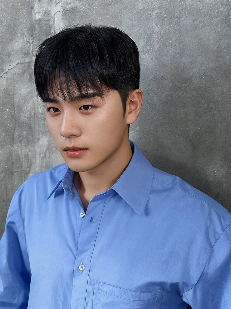 Best Quality, 8k, Masterpiece, (Portrait: 1.3), (photo realistic:1.4), (hyper realistic:1.4), Sharp Focus, looking at viewer, (smoother lighting:1.1), (increase cinematic lighting quality:0.9), realistic lighting, backlighting, light on face, ray trace, (brightening light:1.2), (Increase quality:1.4), sharp detail, (best quality real texture skin:1.4), finely detailed eyes, black_eyes, finely detailed face, 25 year old Korean man, (white formal_shirt:1.4), (Create an image maintaining the original base model hairstyle:1.5)