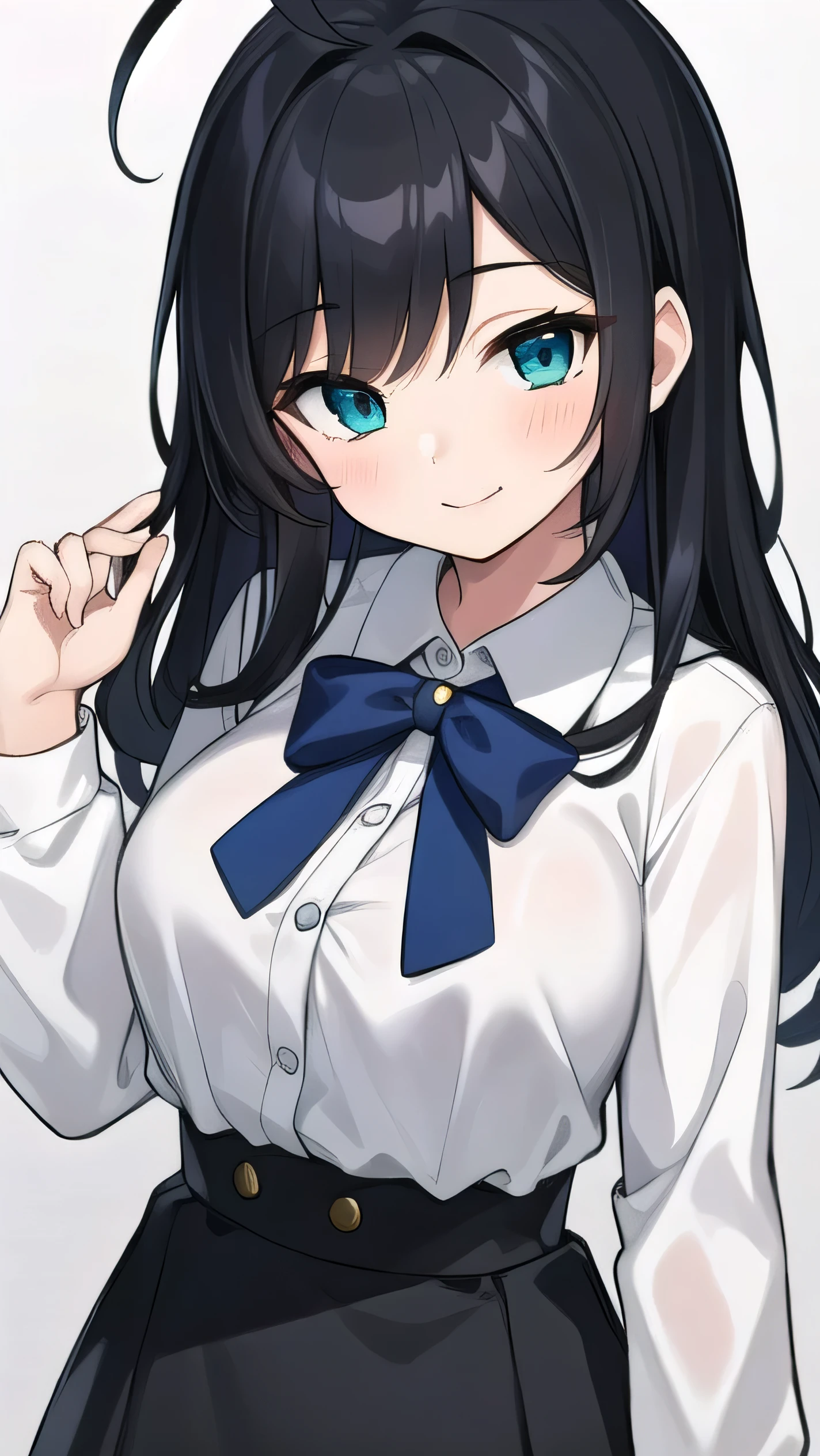 Junior high school student who looks like an elementary school student, 14 years old, very short, 140cm tall, black hair with a slight green tinge, short ahoge, beautiful long hair but with a little hair sticking out, beautiful round eyes, blue eyes, smile, boyish, long sleeves , thick clothes, skirt, big breasts, hair longer than waist, long hair, young face, dark greenish black hair, gentle smile, a little shy, skirt is black, hair is black but has a slight green tinge, boyish and gentle smile I have.
