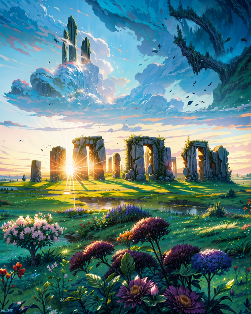 a painting of a field of flowers with the sun setting in the background, natural landscape background, beautiful landscape background, sunny day background, field of flowers background, ( thomas kincade ), ancient ruins background, landscape background, stonehenge, field of fantasy flowers, meadow background, landscape scenery, ( ( thomas kinkade ) ), fantastic background landscape, beautiful mattepainting, HD, UHD, HDR, 32 K