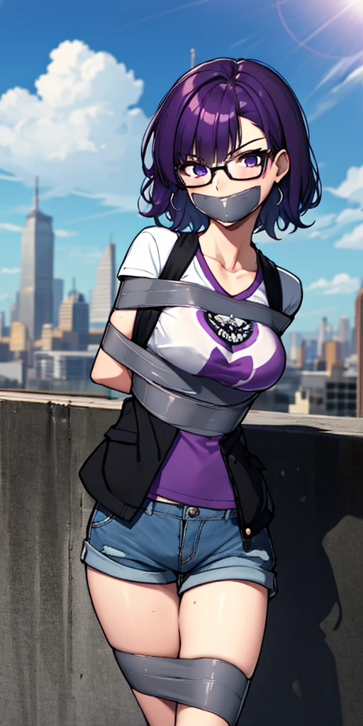 (masterpiece), best quality, expressive eyes, highres, anatomically correct, 1girl, perfect face, perfect hands, female, short hair, messy hair, wavy hair, purple hair, side bang, purple eyes, fair skin, medium chest, slight smirk, purple glasses, casual wear, cowboy shot, half body, perfect anatomy, shorts, graphic t-shirt, jacket, casual wear, pantyhose, medium bust, hands in pockets, posing, city background, blue sky, clouds, sun, bondage, bdsm, arms behind back, gagged, gag, tape above breasts, tape below breasts, 

