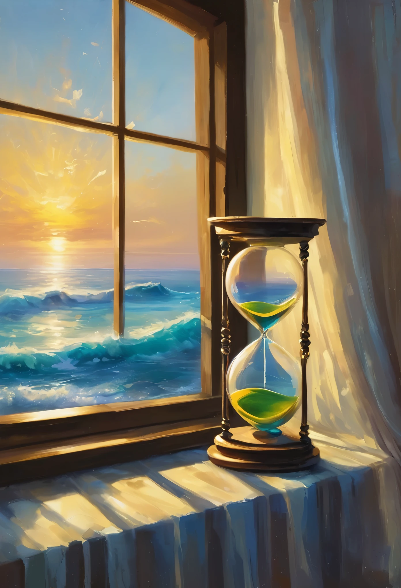An oil painting,Great view from the window,sunrise,Ocean,horizon,peaceful,An hourglass is placed on the windowsill