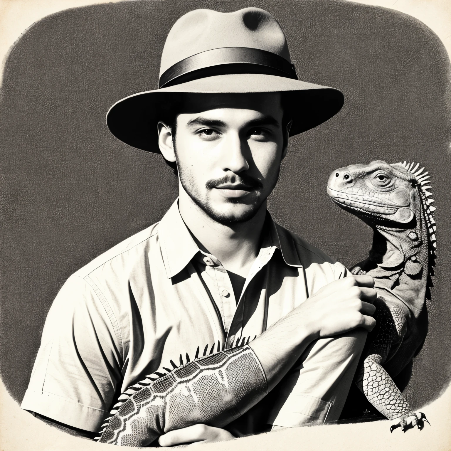 illustration made in pencil. man with hat, that appears mysterious in the center that is accompanied by a large dog on its right side and an iguana on its left side