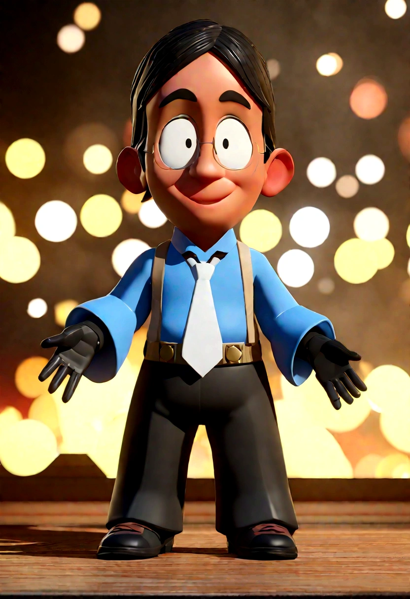 Cartoon character of a man wearing black glasses and a blue shirt, um personagem animado, Caractere estilizado, animation style rendering, 3D estilizado, Arnold Maya render, 3 d render stylized, toon render keyshot, Personagem 3D, Personagem 3D, 3d rendering stylized, 3 d character render, personagem de desenho animado, Personagem de close up, Pose de personagem, (Estilo Pixar) (master part:1.2) (Bokeh) (best quality) (pele detalhada) (textura detalhada) (8k) (argila) (Cinematic lighting) (foco nítido，Senta e vaza a parte superior do corpo