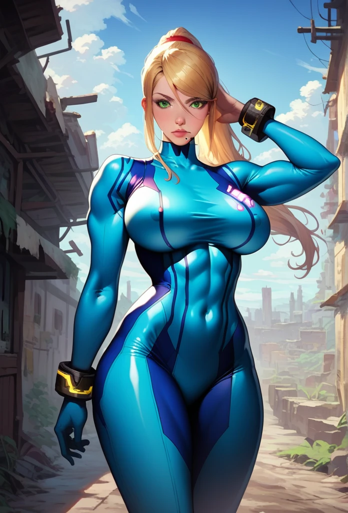 score_9, score_8_up, score_7_up, score_6_up, explore, 1girl, solo, woman, 21 year old female, muscular, huge , curvy hips, tight waist, green eyes, samus, blonde hair, long hair, ripped fallout vault suit, blue and yellow, NSFW, (big bracelet with square screen on 1wrist), deserted town, western, outdoors, realistic, sunlight, vibrant colors, masterpiece, action lines, hard_surface,
1960s \(style\), classic ad, fallout, detailed_background, NSFW,