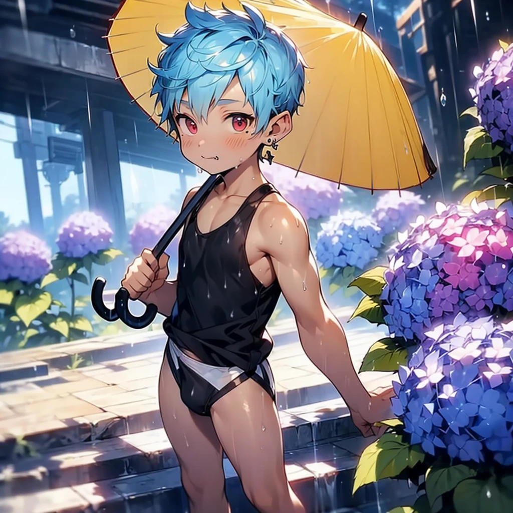 (solo:2), (boldline:-1.6), (holding yellow umbrella:1.8), (arched back:1.3), ((bubble)), (standing:1.5), (((fang))), (((best finger))), BREAK (best quality:1.5), (absolutely resolution:1.5), (ultra detailed:1.5), (masterpiece:1.5), (perfect face:1.5), (detailed face:1.3), (detailed eyes:1.5), (best eyes:1.5), (cute face), (shota:2), BREAK (black tank top:1.75), BREAK (white loincloth:1.5), (see throgh wet clothes:1.5), (bulge:1.6), (skinny:1.3), BREAK (light blue hair:1.5), ((spiked hair)), BREAK (wine red eyes:1.4), (eyes with highlight:1.6), ((mole under eye)), (sweaty skin), (chuckling:1.4), ((earrings)), (shiny skin:1.3), BREAK (garden), (purple hydrangea on ground:1.4), (heavy rain:1.3), ((wind blowing)), ((nipple)), (abs), groin, water splashing, from below, wide angle,