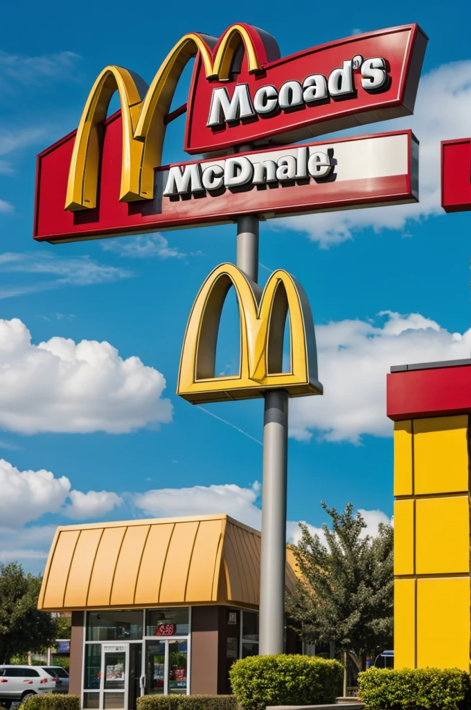 The McDonald&#39;s logo where included within the logo, a cat and a dog cutely hugging. The logo is surrounded by clouds at sunset time 