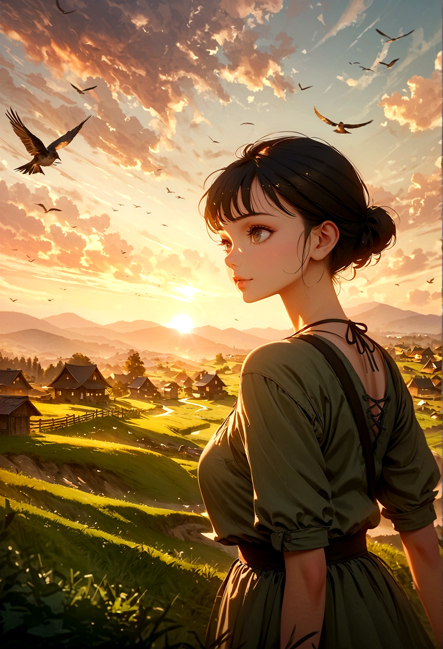 a beautiful sunrise, a peaceful countryside landscape, rolling hills, lush green meadows, a small village in the distance, a wooden fence, a dirt path, a gentle breeze, birds flying in the sky, warm golden sunlight, long shadows, idyllic, serene, beautiful detailed sky with fluffy clouds, highly detailed, 8k, photorealistic, masterpiece,1girl
