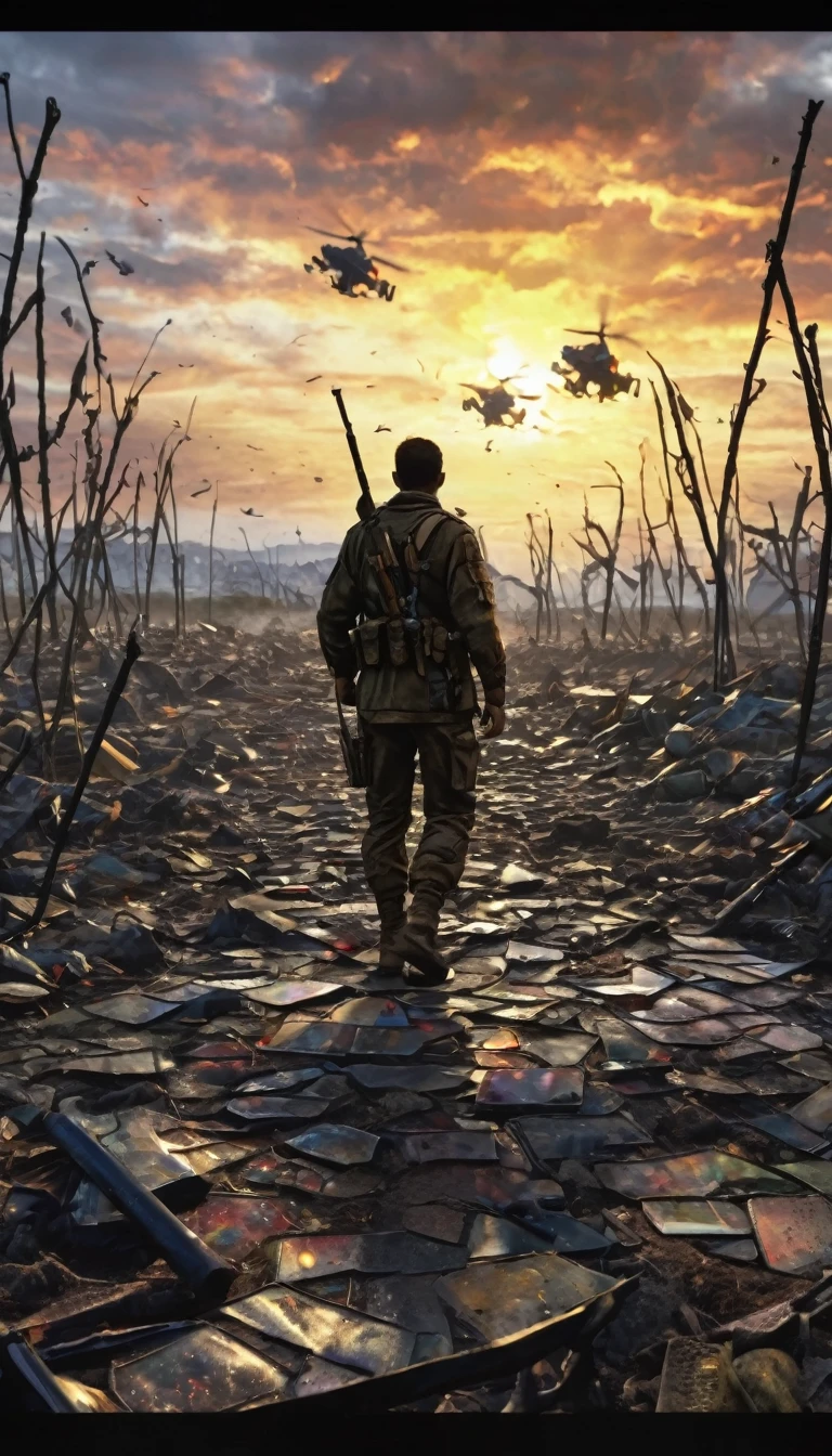Stained glass art depicting a lone man standing on a battlefield surrounded by fallen men., Call of duty style, ultra realistic, 4k (Thumbnail for youtube)