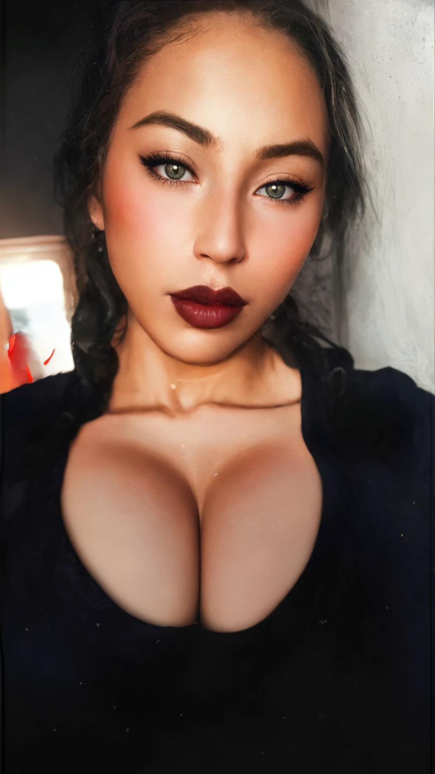 a woman with big breasts and a black top, neckline, full lips, super sexy woman, realist, fotorrealist, high quality, detailed, cinematic, dramatic lighting, chiaroscuro, sensual, elegant, beautiful, seductive, striking pose, loose hair, glare, perfect skin, luxurious fabrics, composición cinematic, dramatic shadows, warm tones, rich colors