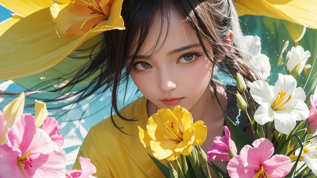 32k, Masterpiece, Highest quality, One girl, Detailed eyes, flower,gladiolus, Yellow and pink style,A dreamy, romantic piece,Pale yellow, Mysterious Leaves,A playful arrangement,Fantasy,High Contrast,Ink strokes,explosion,Exposure, Impression of yellow and white tones,Abstract,((Watercolours by John Berkey and Jeremy Mann )) Brush strokes,Negative Space, Tyndall effect,
