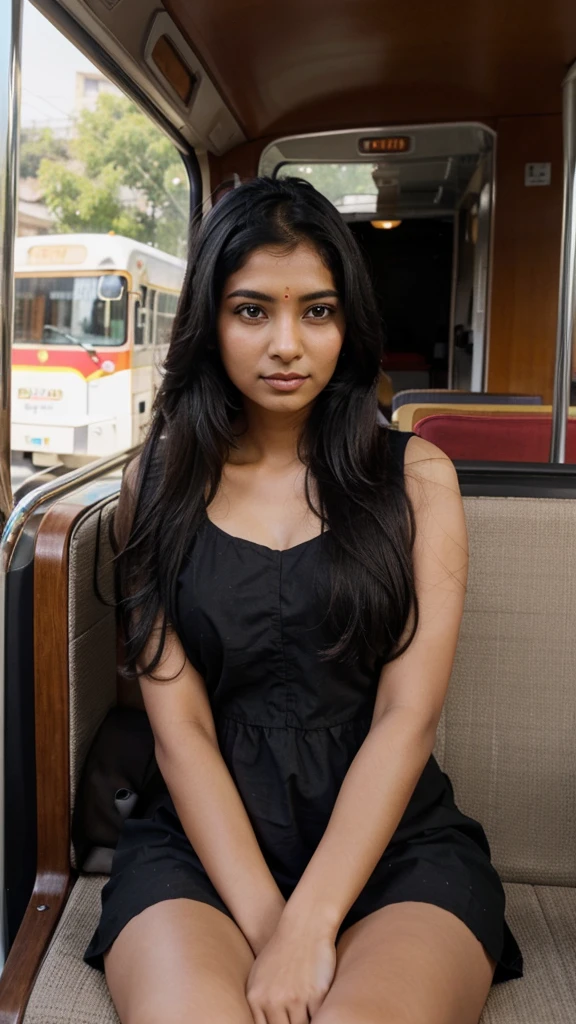 A indian gril black hair dress indian traditional at siting indian buss