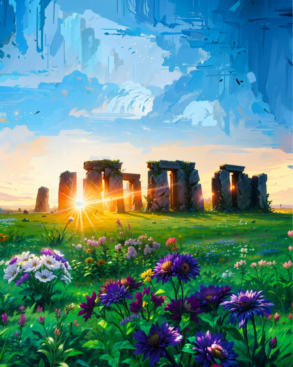 a painting of a field of flowers with the sun setting in the background, natural landscape background, beautiful landscape background, sunny day background, field of flowers background, ( thomas kincade ), ancient ruins background, landscape background, stonehenge, field of fantasy flowers, meadow background, landscape scenery, ( ( thomas kinkade ) ), fantastic background landscape, beautiful mattepainting, HD, UHD, HDR, 32 K