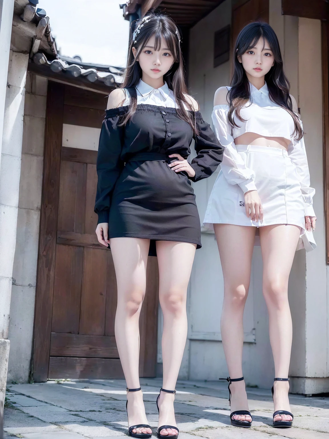 (Please take a picture from the front.), (8K), (Highest quality: 1.5), (Realistic: 1.1), Ultra-high resolution, Very detailed, Golden Ratio, (背のexpensive日本人の女子高生2人), 24-years-old, F Cup Big, Two Sisters, (Full body photo), Very cute face, (Angry with a super cute face, Angry face, Overlooking here, Please put your hands on your hips, Stand with your feet shoulder-width apart, (very wide thighs), (plump legs), (She always wears black stockings),Simple uniforms, The sisters wear the same uniform., (Wearing a black Japanese uniform),
High angle shot, Street Snap, Standing in the neon city at midnight, woman(expensive)There are three gals, (Three Girls), Amazingly cute, Japanese blonde hair, blonde hair, short hair, hairband, glaring, furrowed brow, makeup, grimace, scowl, Surrealism, first-person view, first-person view, Wide-Angle, uhd, anatomically correct, super detail, 16K, タイトスカートとタイトな黒ストッキングをはいたwomanの全身撮影, Off-the-shoulder long-sleeve knit, Accentuate your cleavage, Bra lace, Exposing your belly, Black mini skirt, Korean girl, ( Ivory Black ), Choi Hong-hwa, Lee Ji-eun, Lee Ji-eun, Korean women's fashion model, Ulzzang, Korean, sakimichan, Jaeyoung Nam, Kim Tae-jun, Micro Mini Skirt, (The skirt is very short), (Very long legs), (very wide thighs), (plump legs), (She always wears black stockings), (ヒールがexpensiveブラウンの厚底プラットフォームハイヒールを着用), Accurate high heel sandals,