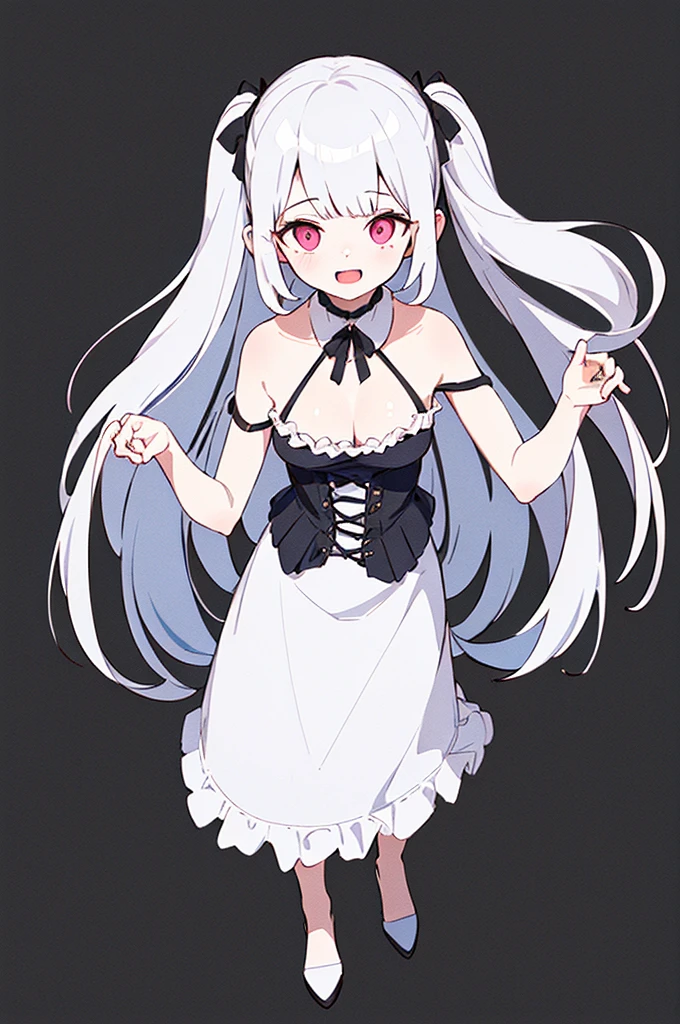 Purelos Face_v1:0.24, Highest quality, Realistic, 8K, High resolution, 1 Girl, -yeld gi (Skin dents), (Portraiture), ((Simple Background:1.62)), Full Color, ((Big round breasts,Frills)), Look directly at the viewer:1.8, (1 Girl eyes looking at viewer:1.55), (Long-length hair, Silver Hair, Two Side Up,Straight bangs:1.45,Pink Eyes), (Bokeh),Watching the audience,Open Mouth Smile,Sparkling Eyes,Cute pose,Sparkling Eyes,Ultra HD,Front shot,whole body,Full Body,Ultra HD