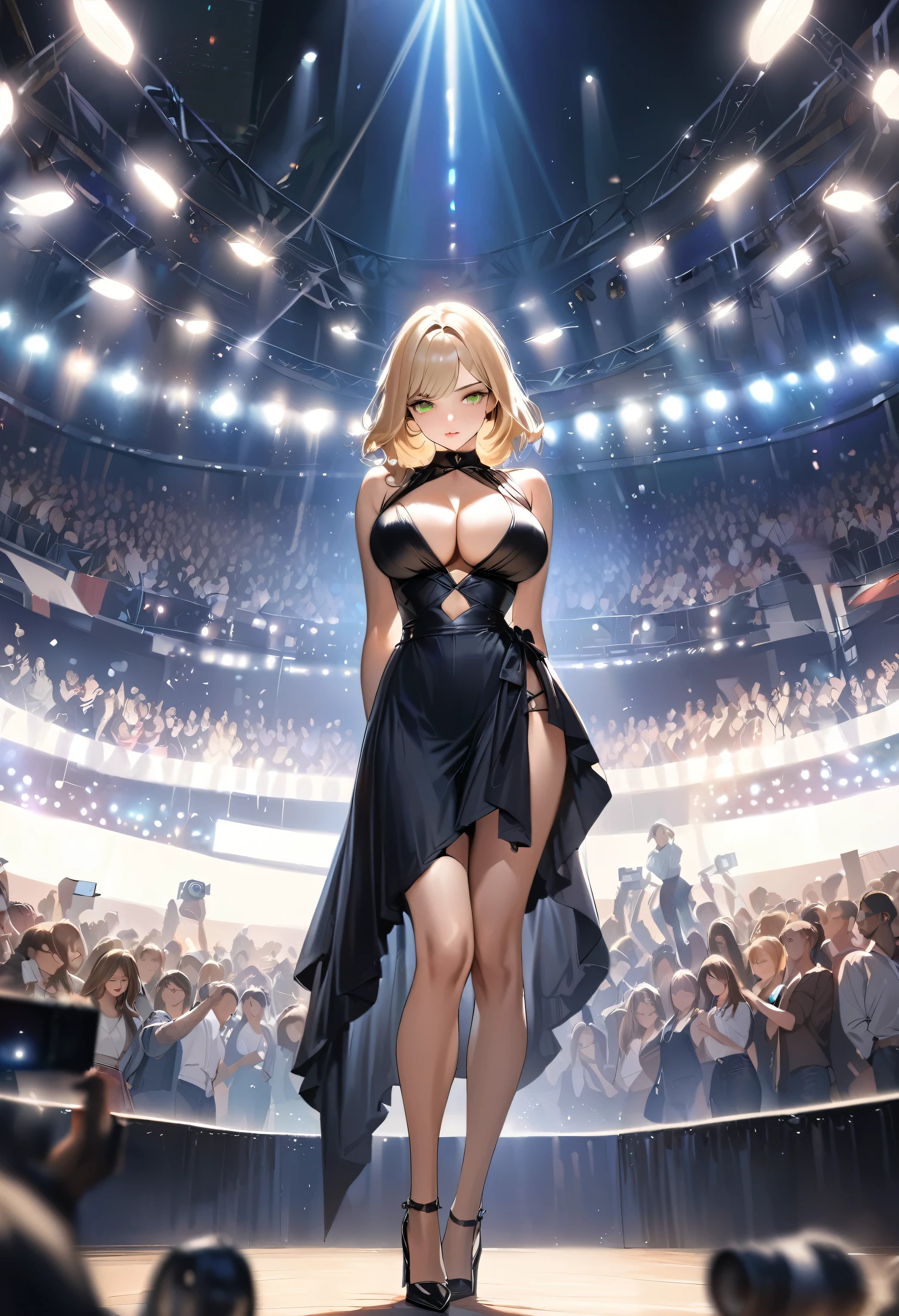 Masterpiece, best quality, 1girl, supermodel on a catwalk, cut out dress, high heels,  ((arms behind back)), looking down, cleavage, very busty, small waist, large hips, blonde, , green eyes, from front, stage, crowd, dark, camera flashes, realistic, spotlight 