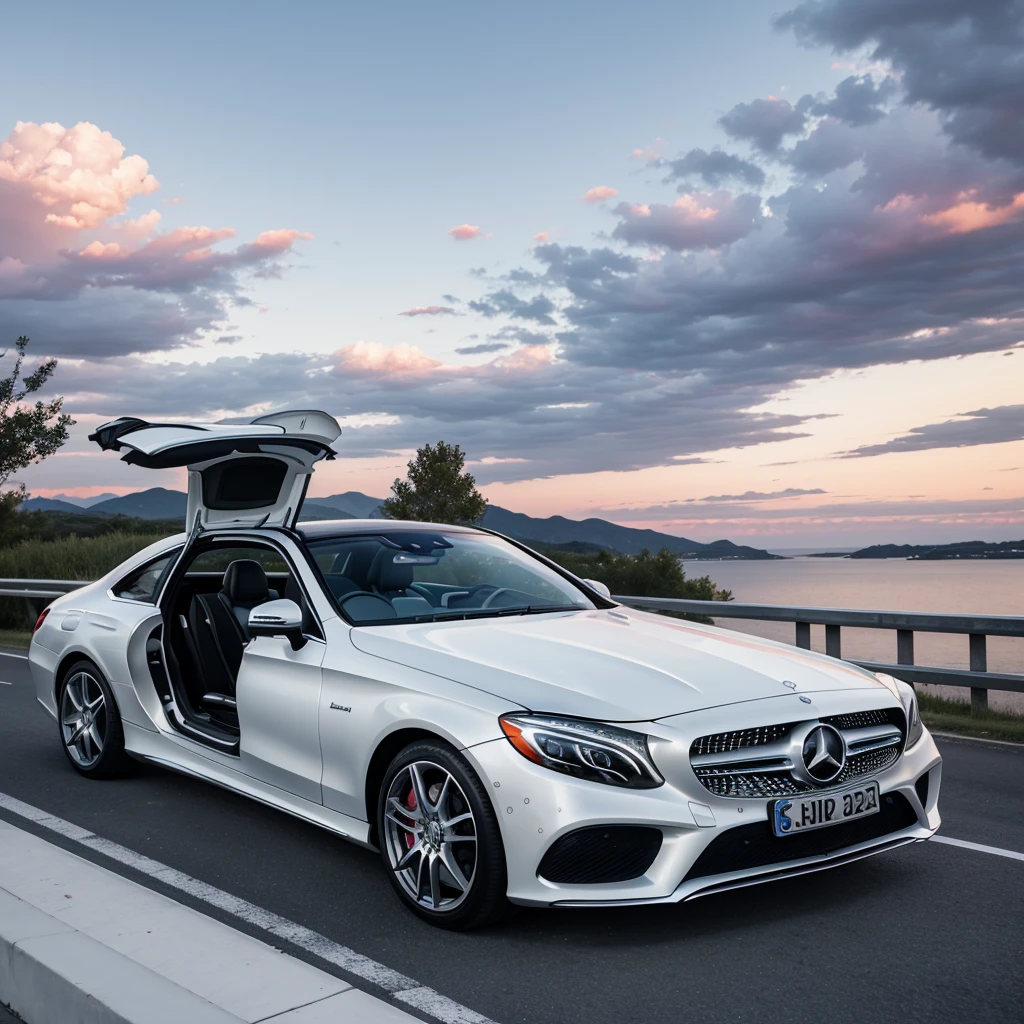 You can create a photo of a white Mercedes Benz luxury car, and a man and a woman inside the car, in a viewpoint, with pink clouds