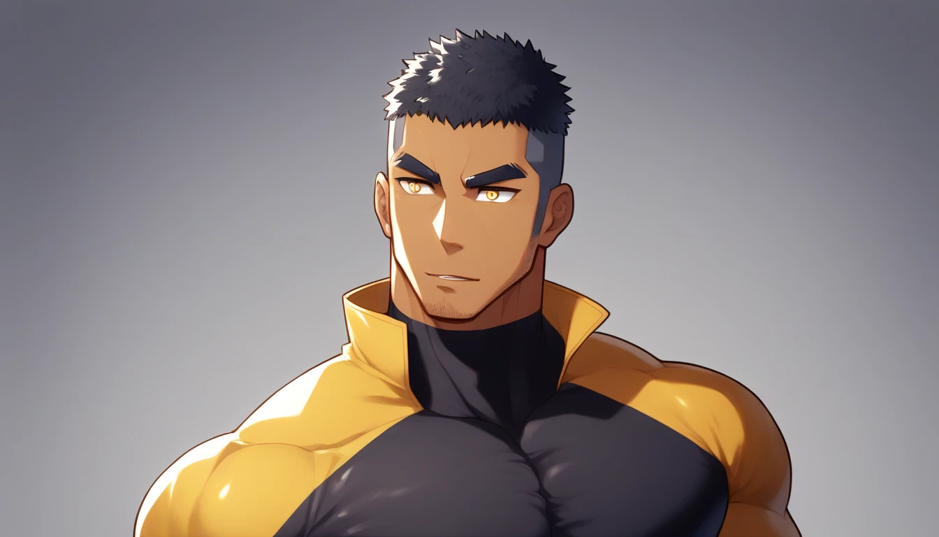 anime characters:Gyee, Muscle Sports Student, negro black skin, 1 dark skin muscular tough guy, Manliness, male focus, Light yellow high collar long sleeve tight T-shirt, Slightly transparent material, Very tight, Round, full and perky chest muscles, Slightly transparent, muscular male, muscular, only, Upper body, alone, Black short hair, Thick eyebrows, stubble, Yellow eyes, Grey background, simple background, amazing quality, best aesthetics, Ridiculous, bright pupils, crew cut, parted lips, seductive smile, torogao, naughty face, drop shadow, best quality