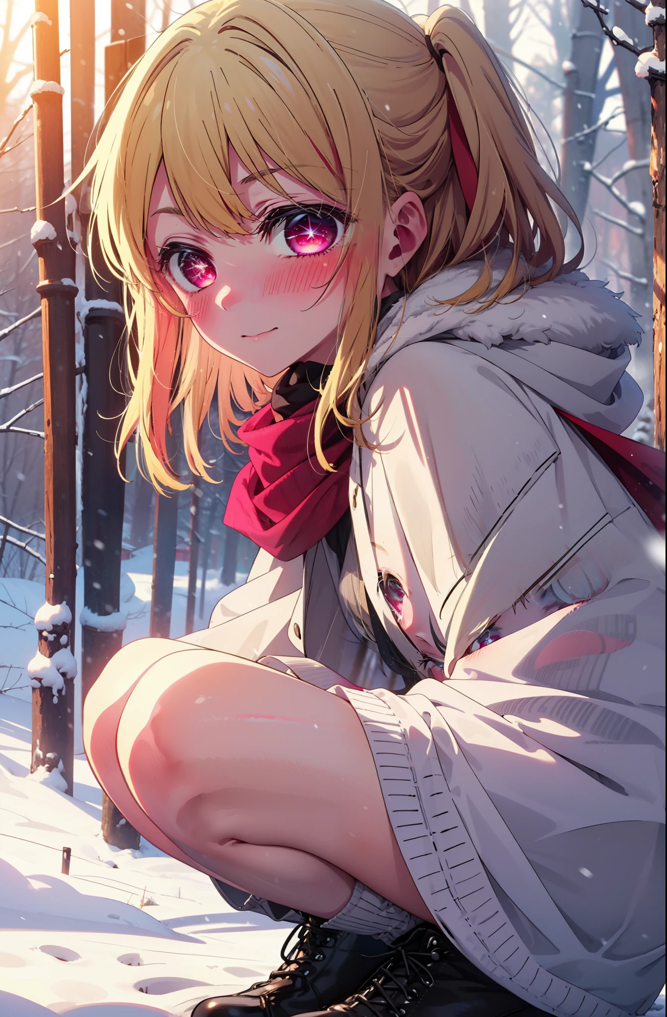 rubyhoshino, Hoshino Ruby, Long Hair, bangs, Blonde, (Pink Eyes:1.3), Side Lock, (Symbol-shaped pupil:1.5), Multicolored Hair, Two-tone hair, smile,,smile,blush,White Breath,
Open your mouth,snow,Ground bonfire, Outdoor, boots, snowing, From the side, wood, suitcase, Cape, Blurred, , forest, White handbag, nature, Squat, Mouth closed, Cape, winter, Written boundary depth, Black shoes, red Cape break looking at viewer, Upper Body, whole body, break Outdoor, forest, nature, break (masterpiece:1.2), Highest quality, High resolution, unity 8k wallpaper, (shape:0.8), (Beautiful and beautiful eyes:1.6), Highly detailed face, Perfect lighting, Highly detailed CG, (Perfect hands, Perfect Anatomy),