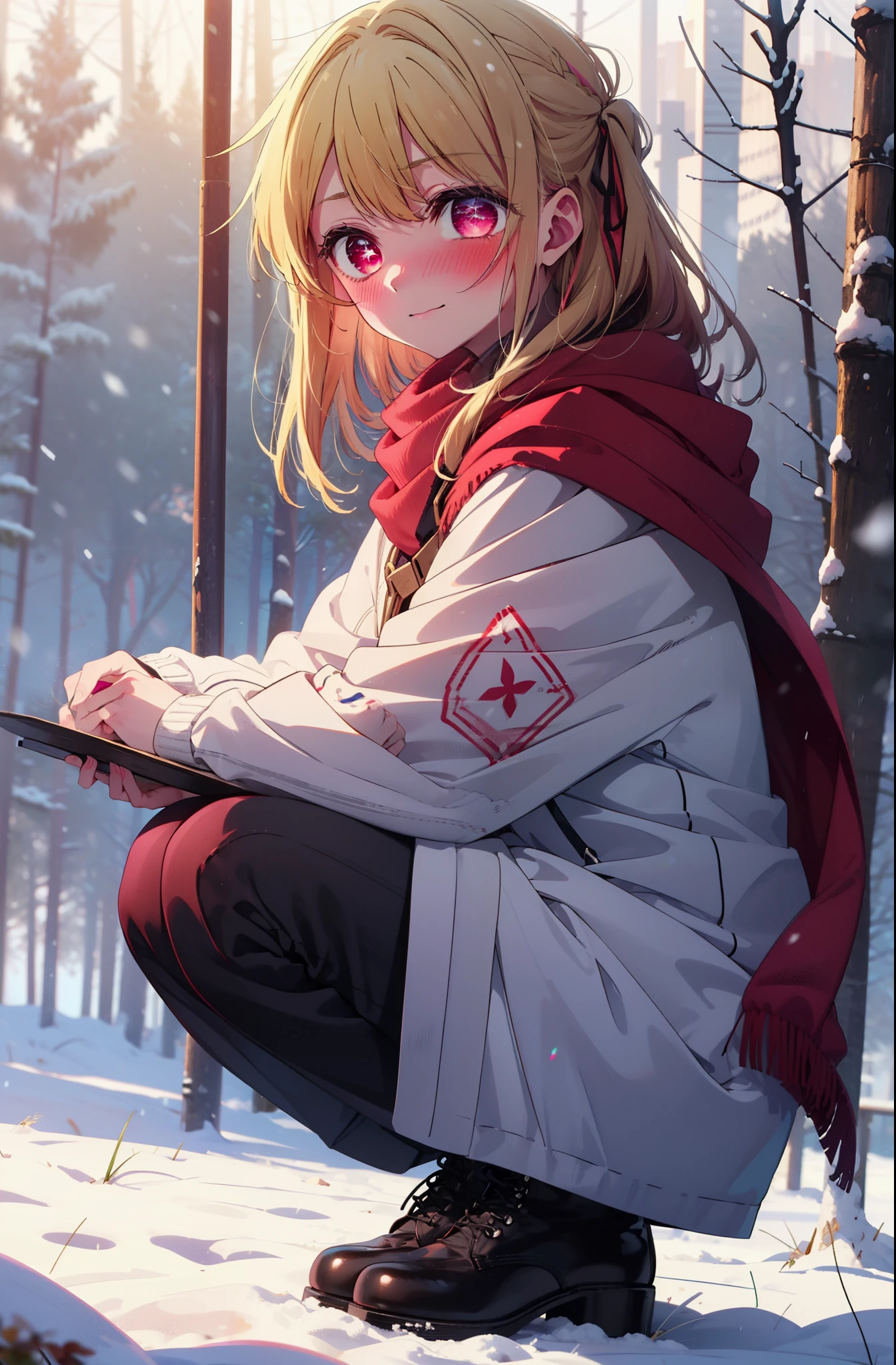 rubyhoshino, Hoshino Ruby, Long Hair, bangs, Blonde, (Pink Eyes:1.3), Side Lock, (Symbol-shaped pupil:1.5), Multicolored Hair, Two-tone hair, smile,,smile,blush,White Breath,
Open your mouth,snow,Ground bonfire, Outdoor, boots, snowing, From the side, wood, suitcase, Cape, Blurred, , forest, White handbag, nature, Squat, Mouth closed, Cape, winter, Written boundary depth, Black shoes, red Cape break looking at viewer, Upper Body, whole body, break Outdoor, forest, nature, break (masterpiece:1.2), Highest quality, High resolution, unity 8k wallpaper, (shape:0.8), (Beautiful and beautiful eyes:1.6), Highly detailed face, Perfect lighting, Highly detailed CG, (Perfect hands, Perfect Anatomy),