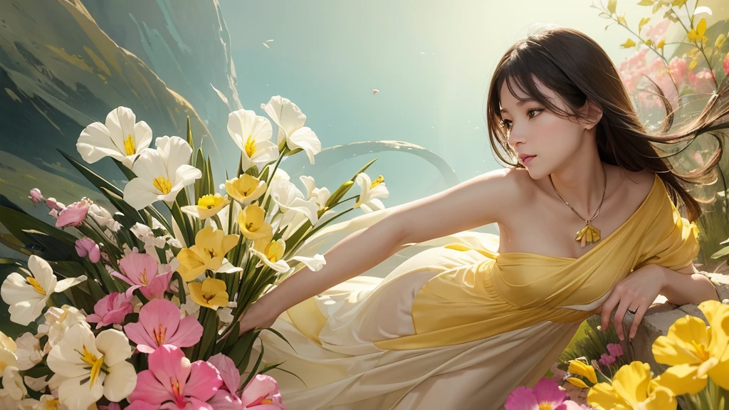 32k, Masterpiece, Highest quality, One girl, Detailed eyes, flower,gladiolus, Yellow and pink style,A dreamy, romantic piece,Pale yellow, Mysterious Leaves,A playful arrangement,Fantasy,High Contrast,Ink strokes,explosion,Exposure, Impression of yellow and white tones,Abstract,((Watercolours by John Berkey and Jeremy Mann )) Brush strokes,Negative Space, Tyndall effect,