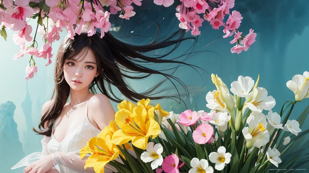 32k, Masterpiece, Highest quality, One girl, Detailed eyes, flower,gladiolus, Yellow and pink style,A dreamy, romantic piece,Pale yellow, Mysterious Leaves,A playful arrangement,Fantasy,High Contrast,Ink strokes,explosion,Exposure, Impression of yellow and white tones,Abstract,((Watercolours by John Berkey and Jeremy Mann )) Brush strokes,Negative Space, Tyndall effect,