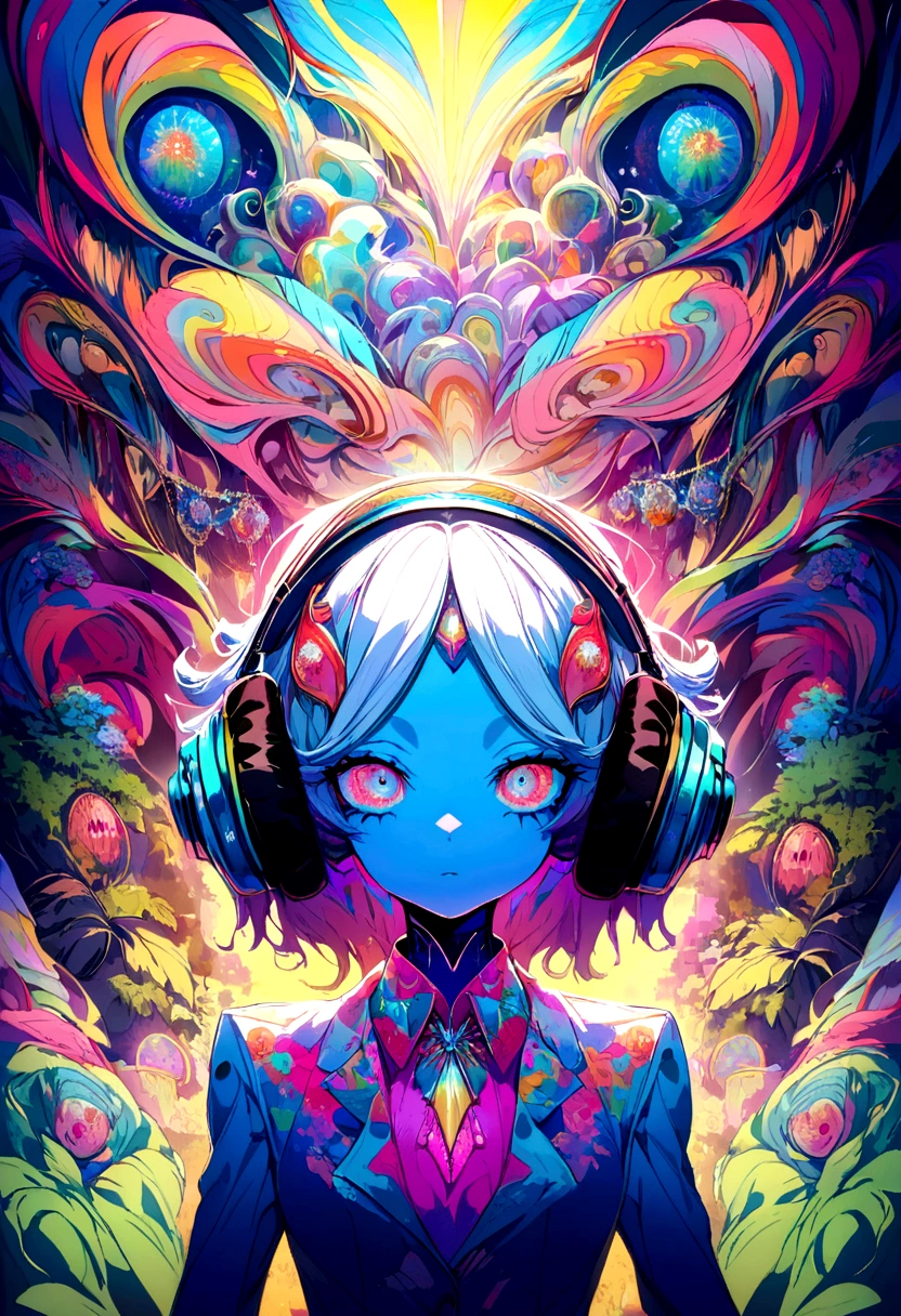 an alien with headphones in a psychedelic forest lsd