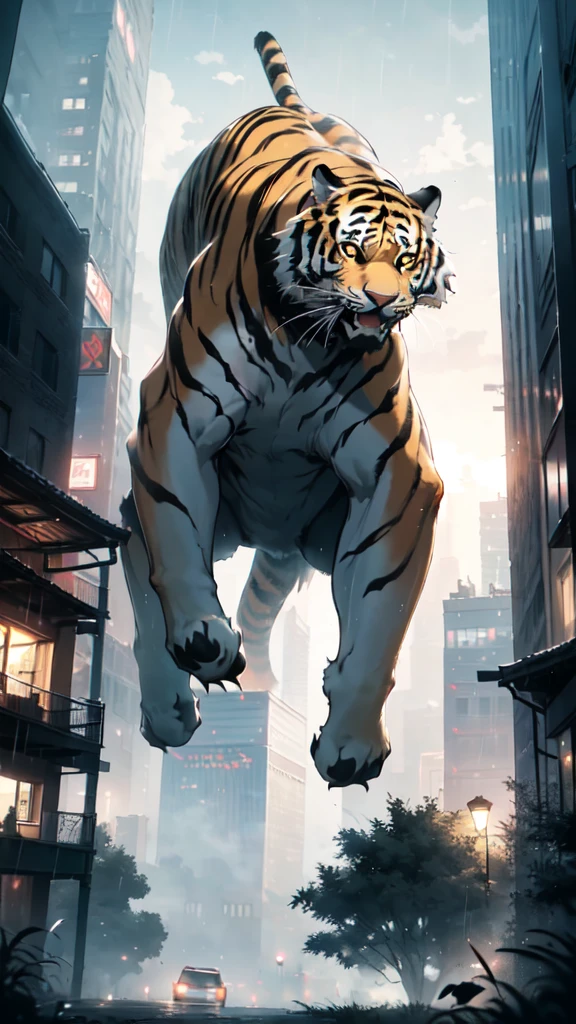 absurdres, (Giant tiger among skyscrapers:1.2),Only the huge tail fin is visible, Amazing person々, Heavy Rain, storm, Cloudy, darkness, storm, Vision, Mysterious Clouds, cliff,Thick Fog,Thick Fog, forest,  wood, Only light from the window, Poor visibility, Monster, Riding a giant tiger