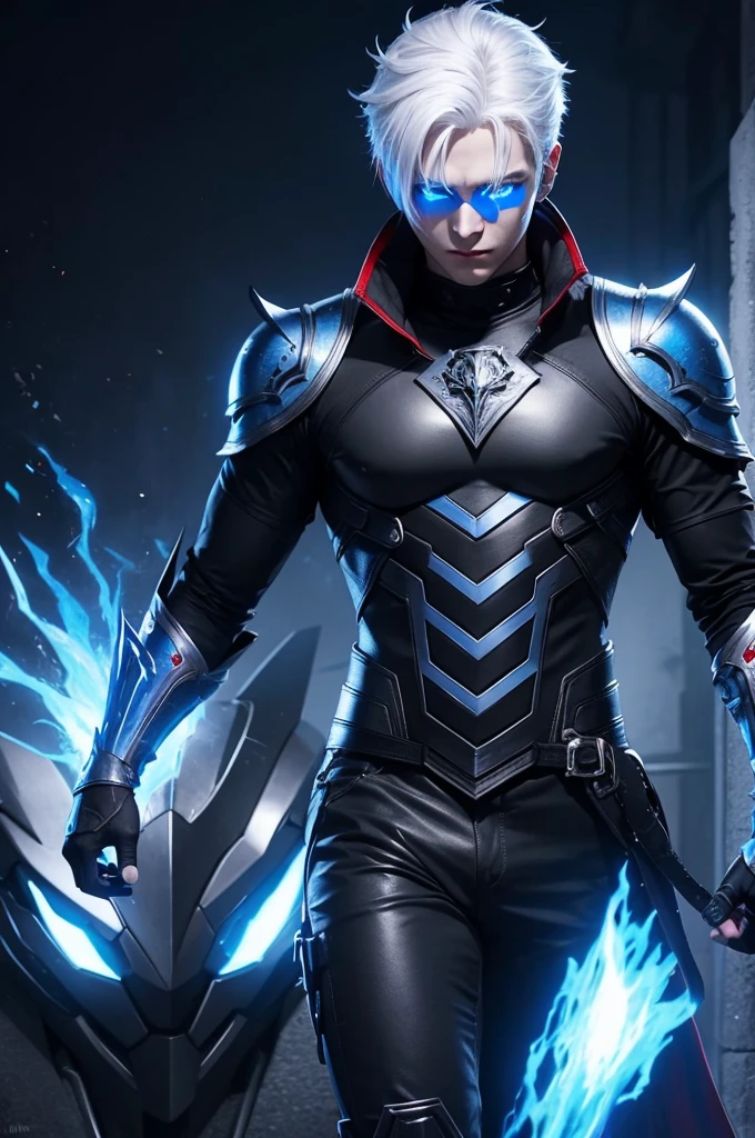 A male character with white hair and blue eyes and a black mask and red blue lights
