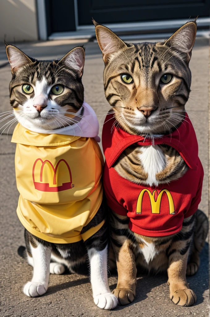 A cat and a dog wearing clothes with the McDonald's logo hugging each other