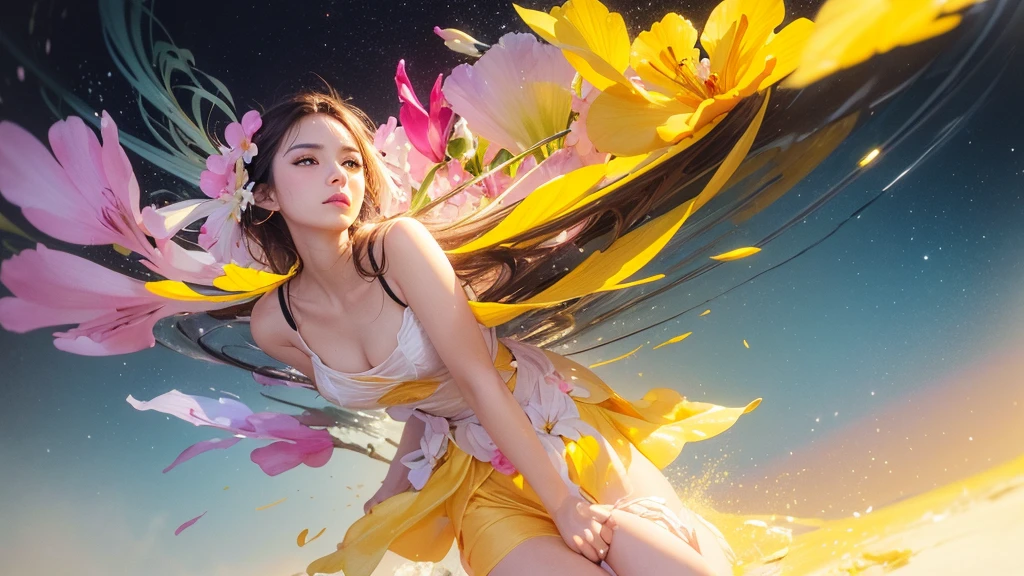 32k, Masterpiece, Highest quality, One girl, Detailed eyes, flower,gladiolus, Yellow and pink style,A dreamy, romantic piece,Pale yellow, Mysterious Leaves,A playful arrangement,Fantasy,High Contrast,Ink strokes,explosion,Exposure, Impression of yellow and white tones,Abstract,((Watercolours by John Berkey and Jeremy Mann )) Brush strokes,Negative Space, Tyndall effect,