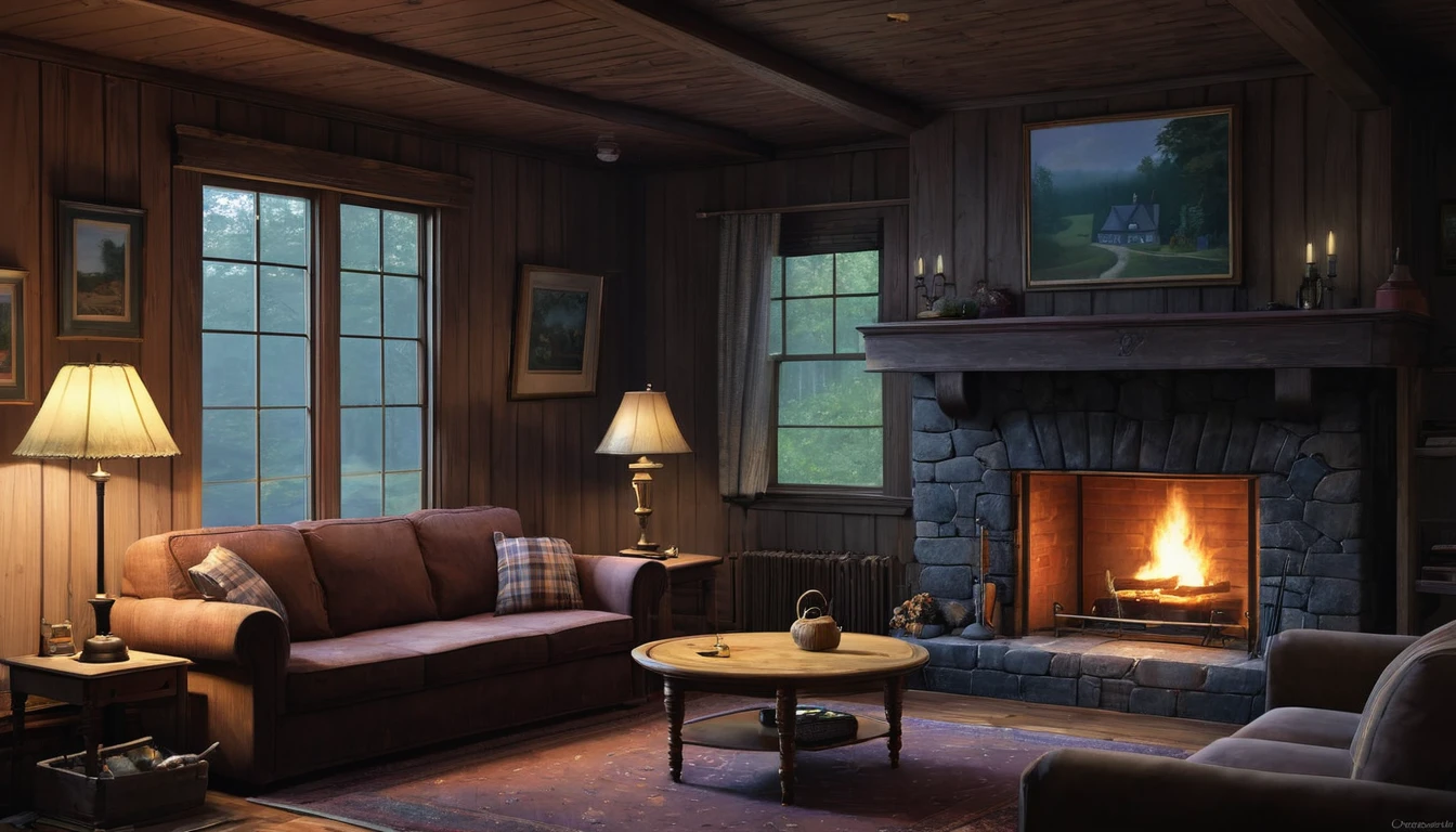 There is a fireplace in the living room,There is also a sofa and a table, Detailed painting inspired by Gregory Crewdson, Popular on polycount, The art of math, Cottage in the woods, Comfortable place, cabin interior, In the cabin, Photos of the witch's study, Country Style hippie, The forest can be seen through the large windows at night, Country Style