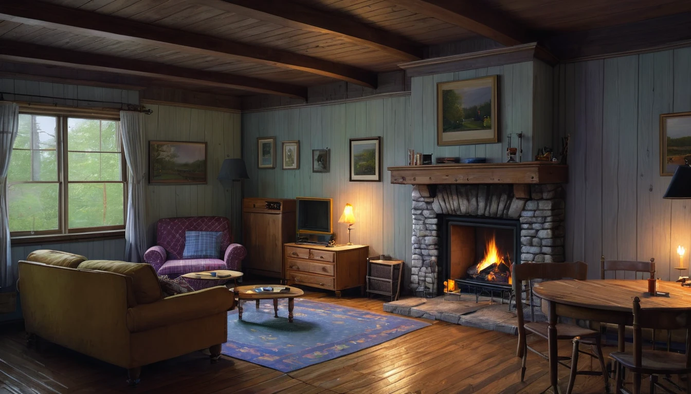There is a fireplace in the living room,There is also a sofa and a table, Detailed painting inspired by Gregory Crewdson, Popular on polycount, The art of math, Cottage in the woods, Comfortable place, cabin interior, In the cabin, Photos of the witch's study, Country Style hippie, The forest can be seen through the large windows at night, Country Style