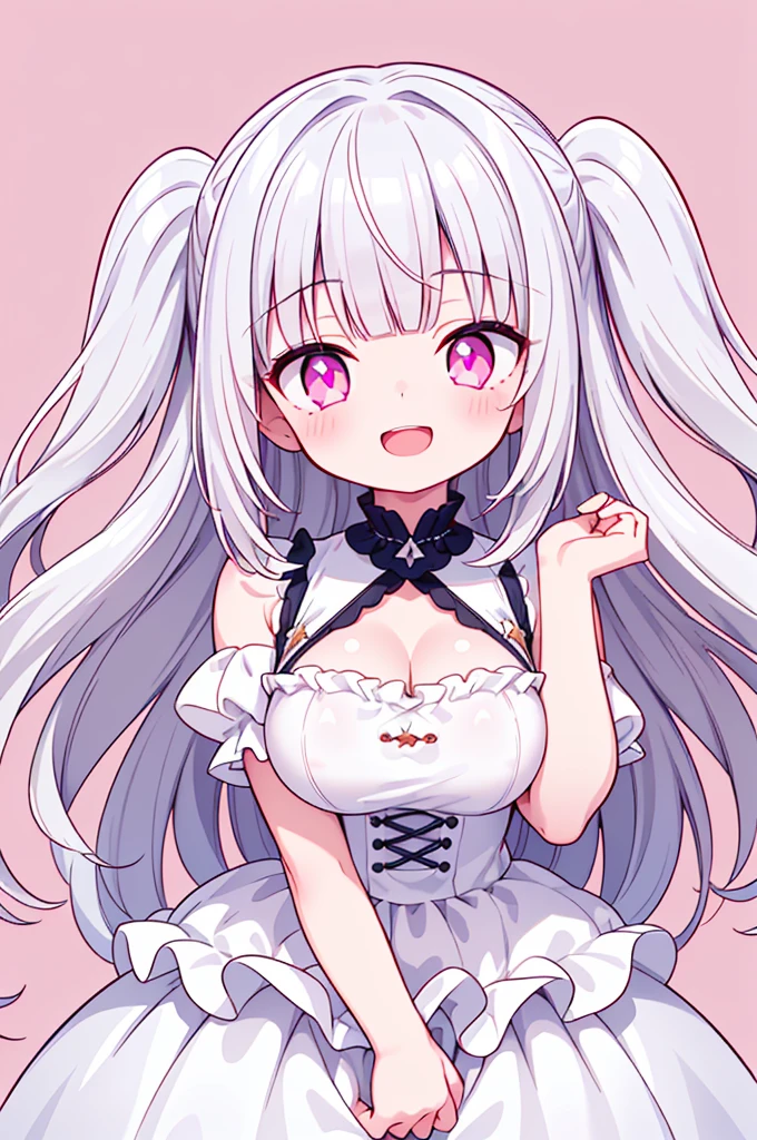 Purelos Face_v1:0.24, Highest quality, Realistic, 8K, High resolution, 1 Girl, 16-year-old girl, (Skin dents), (Portraiture), ((Simple Background:1.62)), Full Color, ((Big round breasts,Frills)), Look directly at the viewer:1.8, (1 Girl eyes looking at viewer:1.55), (Long-length hair, Silver Hair, Two Side Up,Straight bangs:1.45,Pink Eyes), (Bokeh),Watching the audience,Open Mouth Smile,Sparkling Eyes,Cute pose,Sparkling Eyes,Ultra HD,Front shot,whole body,Full Body,Ultra HD