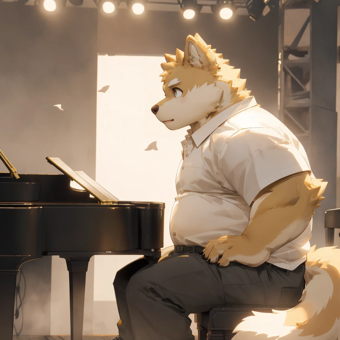 masterpiece, best quality, 8k resolution, Very detailed, hairy，Shiba Inu，(Black hair)，(((golden fur)))，(((Golden Eyes)))，Chubby，Chubby face，(((White shirt)))，(((Loose shirt)))，((Black pants))，Highest quality scene，(((Solitary)))，(((solitary)))，((正在弹piano的))，((light))，(((piano)))，(((earnest)))，(((Round face)))，(((whole body)))，(((Medium shot)))，(((stage)))，(((on the side of)))，((坐在piano凳上))