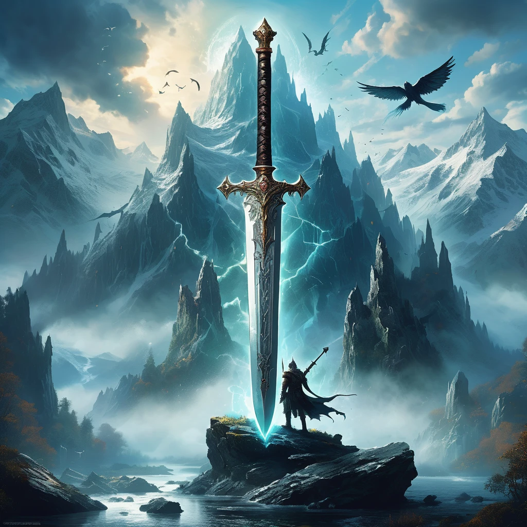 Visualize a majestic mountain range, its peaks covered in snow and shrouded in mist. Nestled high among the rocky crags, a fantasy medieval sword stands embedded in the ground, its blade gleaming with an otherworldly light. The sword’s hilt is adorned with intricate engravings of ancient runes and mythical creatures, and a large gemstone glows at its pommel. Surrounding the sword, the landscape is rugged and wild, with the occasional flutter of a bird's wings breaking the silence. Capture the sense of mystery and power in this scene, where the legendary sword waits to be discovered by a worthy hero, its presence hinting at epic tales and forgotten magic