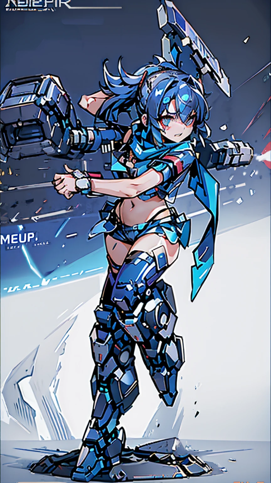 Beautiful girls、Incredible quality 4k vtuber、Red eyeultiple colors、Blue hair and black hair、Graphical studio for PC with microphone and LED lights、Cyberpunk Gamer 、android、Blue clothes、Two-line clothing、Short sleeve、Shorts、Scarf、Combat uniform、Knee-high、Headdress、Short pigtails、Stars in my eyes、Star motif、front、Standing posture、His face is split open, revealing the machine.Serviced、Pointing towards tomorrow