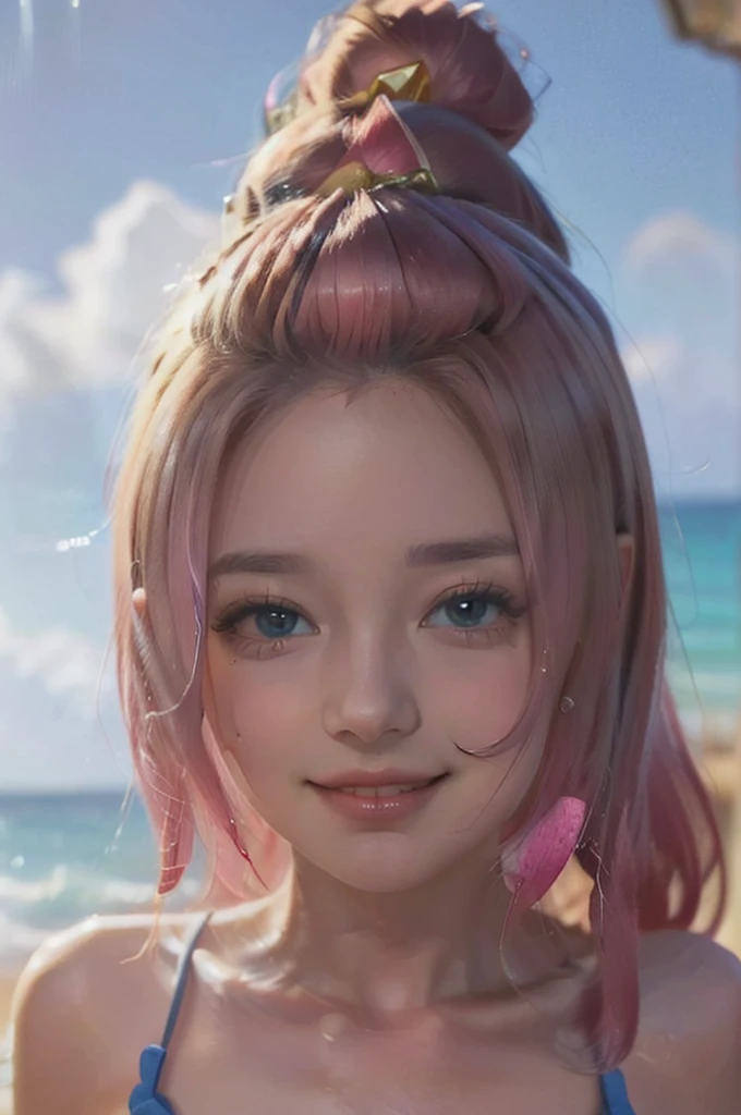 1girl, long pink hair, blue bikini, summer, beautiful detailed eyes, beautiful detailed lips, extremely detailed face, cute, smiling, happy, relaxing on beach, sand, ocean waves, blue sky, fluffy clouds, golden sunlight, warm colors, vibrant, photorealistic, 8k, high quality, detailed illustration