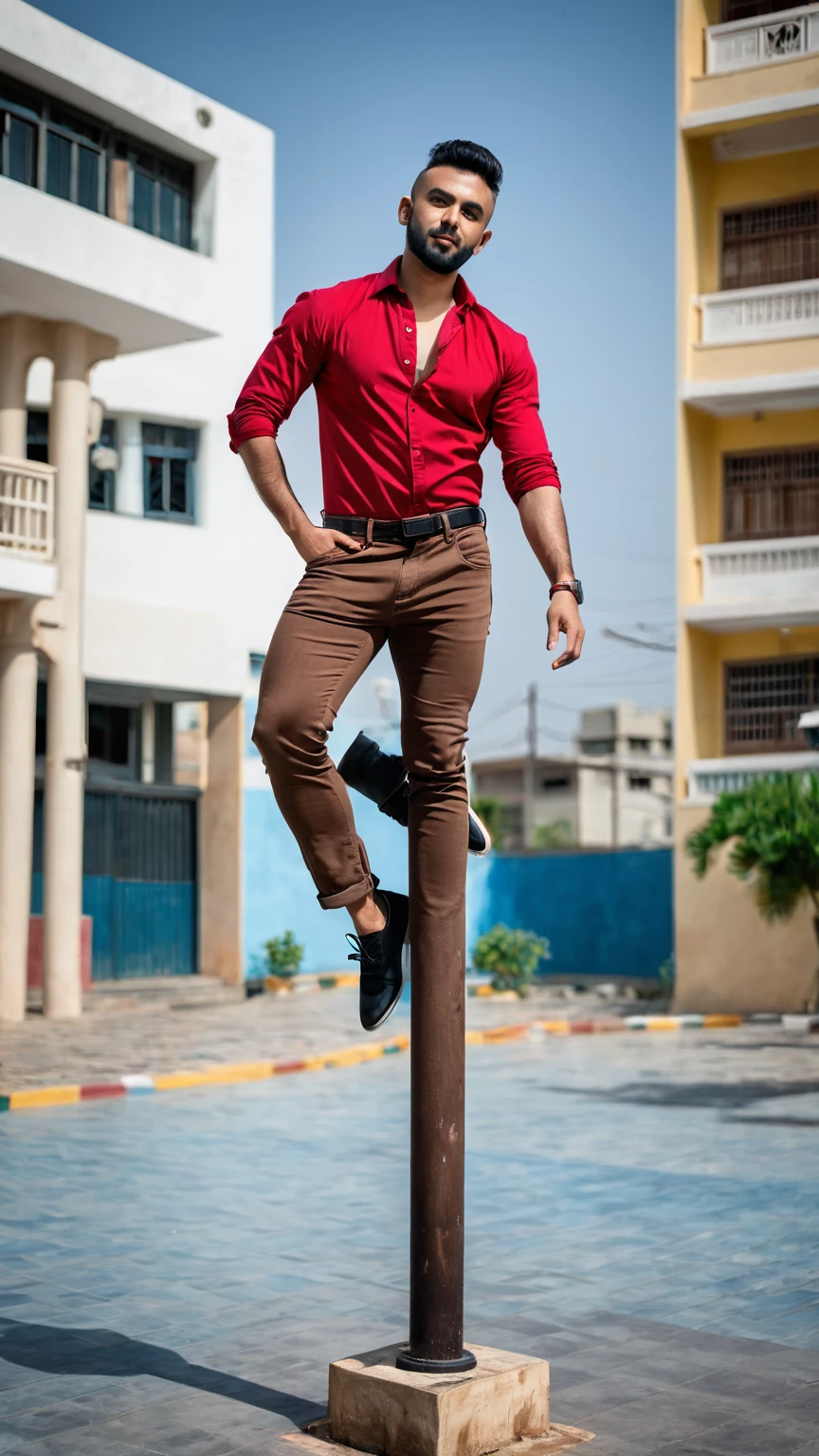 there is a man standing on a pole in front of a building, full body photogenic shot, with a cool pose, very artistic pose, stylish pose, candid picture, full body picture, cool pose, taken with sony alpha 9, red shirt brown pants, mohamed chahin style, wearing a dark shirt and jeans, very cool pose, dressed with long fluent clothes