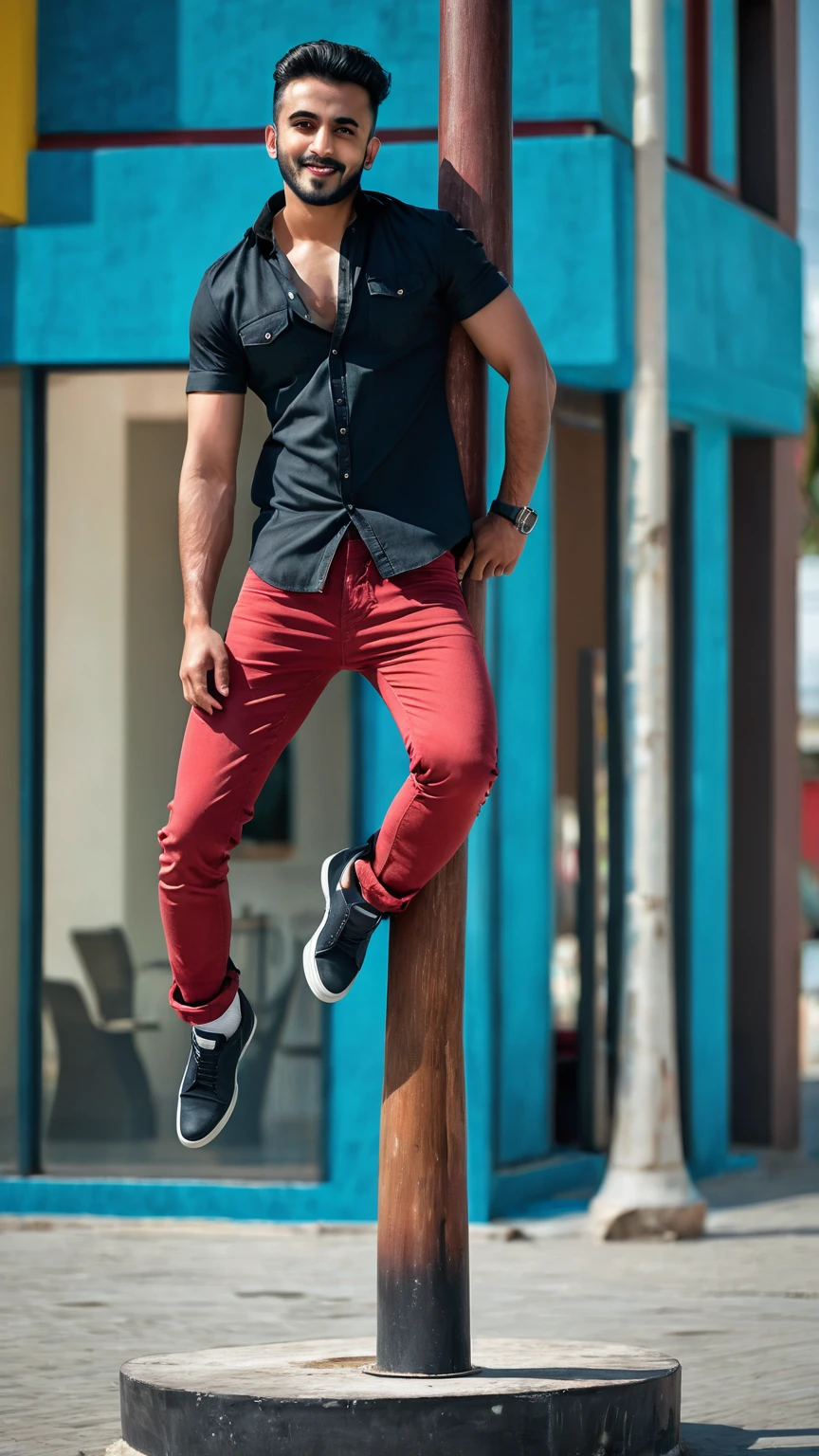 there is a man standing on a pole in front of a building, full body photogenic shot, with a cool pose, very artistic pose, stylish pose, candid picture, full body picture, cool pose, taken with sony alpha 9, red shirt brown pants, mohamed chahin style, wearing a dark shirt and jeans, very cool pose, dressed with long fluent clothes