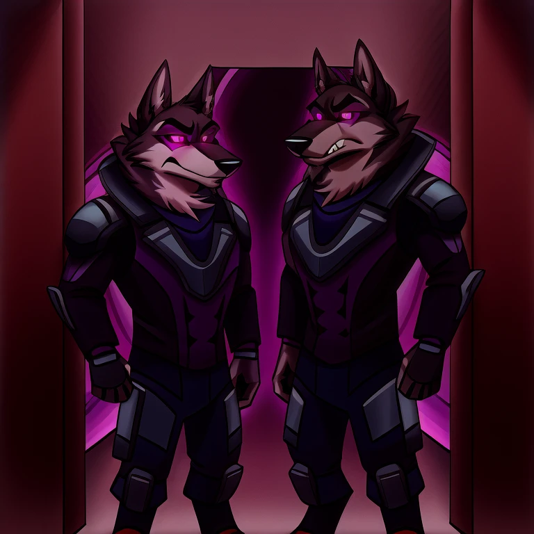 (masterpiece, best quality:1.2), Vortex hellhounds, a couple of male bodyguards, wolves, furry, helluva boss, hypnotized with glowing purple eyes, angry serious face, wearing futuristic armor, using a Pulse Rifle, Energy Rifle, Futuristic assault rifle, guarding the door of a luxury room background