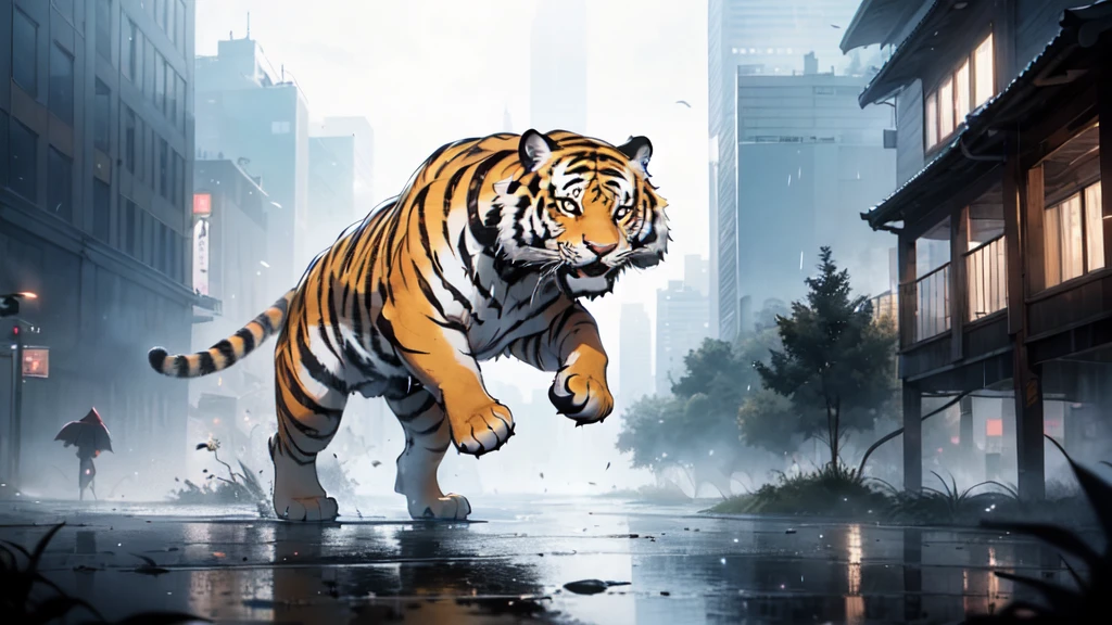 absurdres, (Giant tiger among skyscrapers:1.2),Only the huge tail fin is visible, Amazing person々, Heavy Rain, storm, Cloudy, darkness, storm, Vision, Mysterious Clouds, cliff,Thick Fog,Thick Fog, forest,  wood, Only light from the window, Poor visibility, Monster, Riding a giant tiger