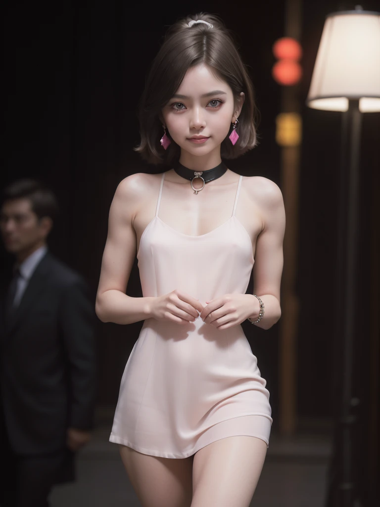 8 k, masterpiece, Raw-Photo, Best quality, Detail:1.2),Photorealistic, Fondos de pantalla CG unificados 8 k extremadamente detallados, depth of field, cinematic light, lens flare, ray tracing, (incredibly beautiful face, beautiful lips, Beautiful eyes), Cara de Detail intrincado, ((Ultra detailed skin)) 1 girl, in the dark, deep shadow, Cute Korean girl, k-pop idol,(Very thin and lean muscular body:1.3), ((See the viewer)),(big smile), (Минивестидо BodyCon),(pink dress), (nude panties), (Injection cuff) , (Evening de la ciudad, (Neon light sign), (Evening), Cute Korean girl, earrings, bracelet, collar, shackles, light eyes, Andante , (pale skin), facing forward, (big eyes), ((Upper body strikes)), Минивестидо BodyCon, Silk mini dress ,nude panties, come back, Back shot