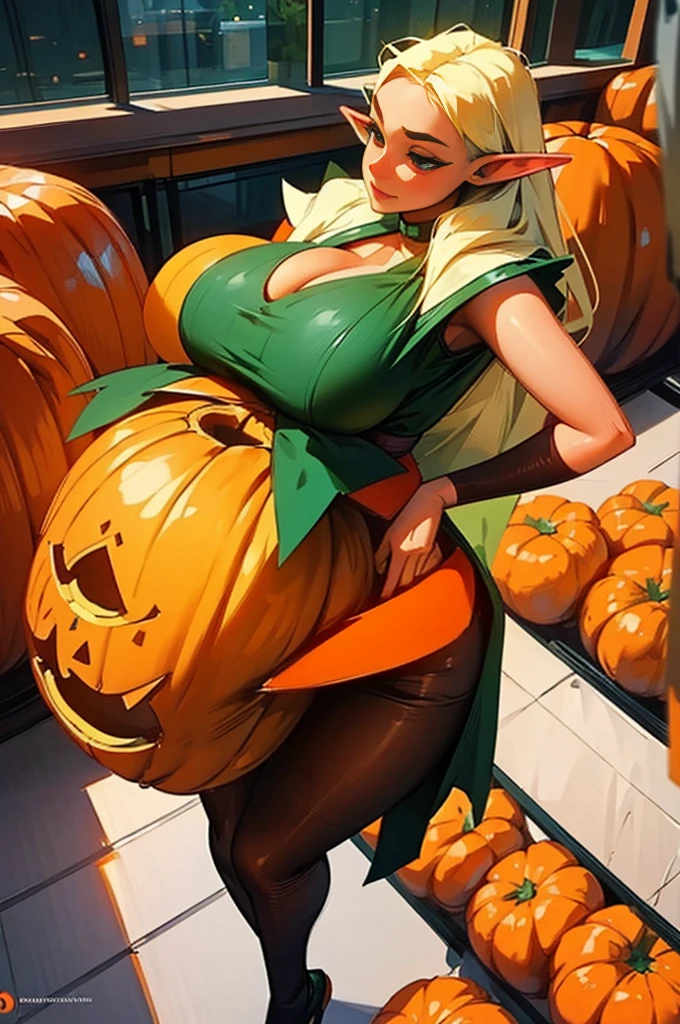 Beautiful elf holding a pumpkin lantern, giga_busty