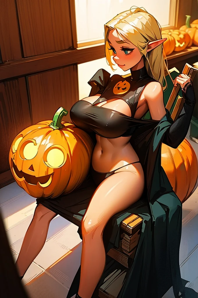 Beautiful elf holding a pumpkin lantern, giga_busty