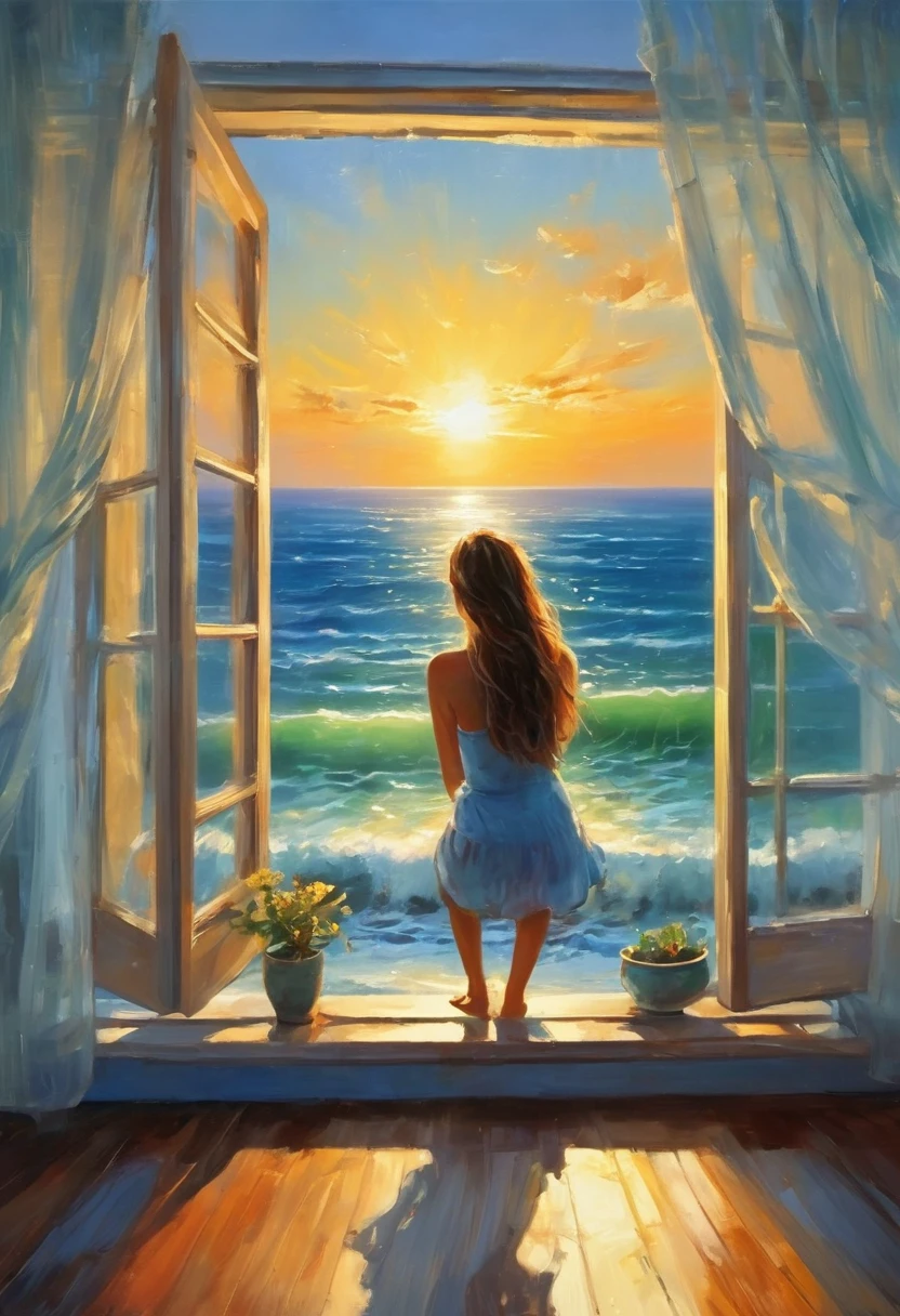 An oil painting,(((Great view from the window,Sunrise time,Ocean,horizon,)))peaceful,Back view of a girl leaning on the windowsill watching the sunrise