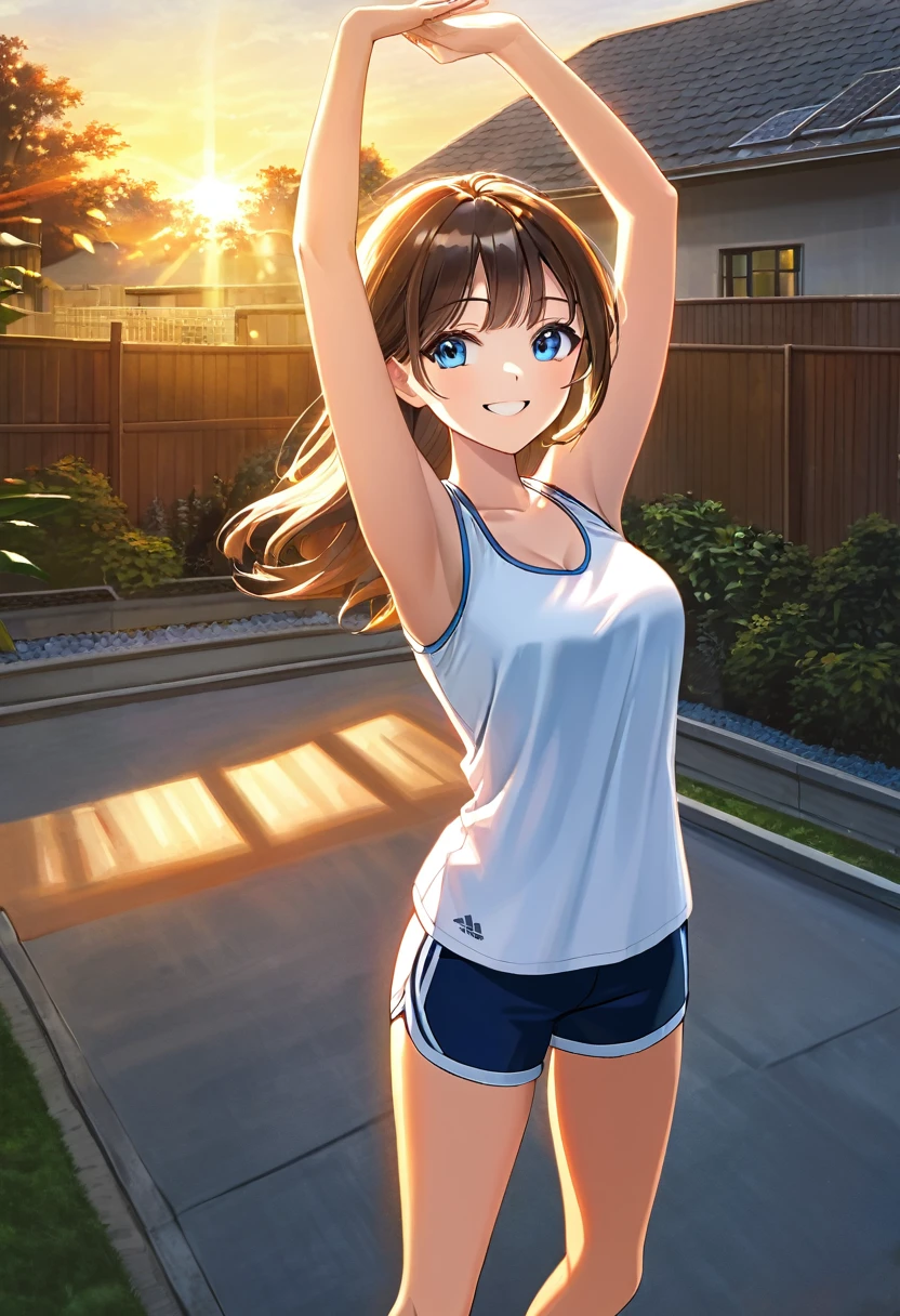 Beautiful woman, long brunette hair, light blue eyes, white skin, full lips, smiling, stretching in backyard, early morning, sunrise, wearing sports bra and shorts, high dynamic range, vivid, rich detail, crisp shadows and highlights, realistic, intense, enhanced contrast, highly detailed,