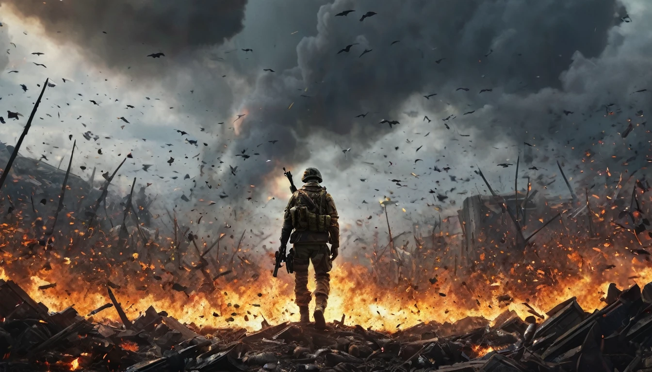 Stained glass art depicting a lone man standing on a battlefield surrounded by fallen men., Call of duty style, ultra realistic, 4k (Thumbnail for youtube) Explosions