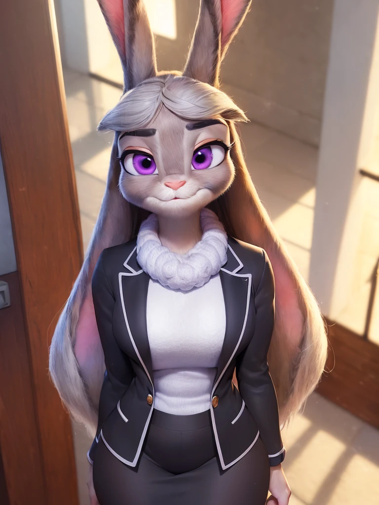 best quality,
masterpiece,
super detail,
3D,
Portrait,
background is an office,
sunlight,

(Face is JudyHopps:1.4),
((long straight hair)),
(see-through bangs:1.3),
bright purple eyes,
(arched eyebrows:1.2),
(uplift eyebrows:1.1),
(rabbit ears:1.1),

(outfit is made of wool:1.4), 
(((body is made of wool fabric)))
(body is gray with fluffy and fluffy:1.3),
(skin is wool fabric with fluffy and fluffy:1.3),

office lady is wearing suit,
((White blouse)),
((Black blazer jacket)),
((Black skirt)),
clothes made of cotton,

(solo:1.5),
(1 lady:1.5),
one character only